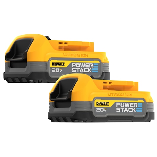 Two DEWALT 20V PowerStack Lithium Ion batteries displayed side by side, featuring yellow and black casing and branding labels.