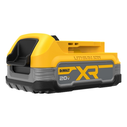 A DEWALT 20V XR lithium-ion battery pack, primarily yellow and black in color, designed for power tools.