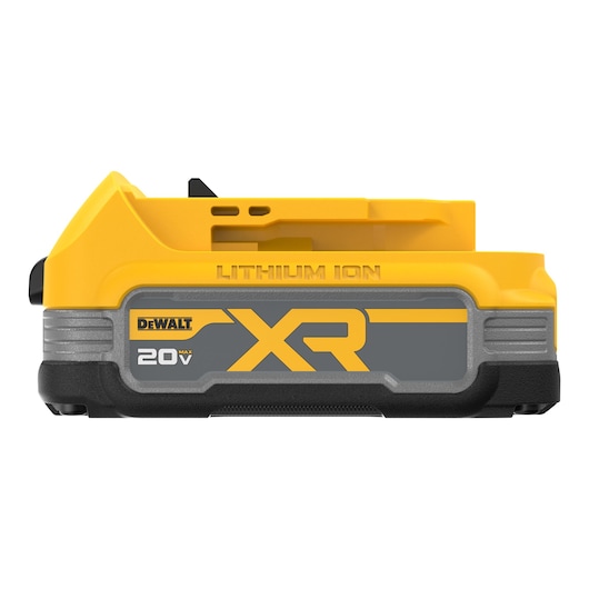 A DEWALT 20V MAX XR lithium-ion battery, model DCBP034, shown in close-up with yellow and black housing and the XR logo on the side.
