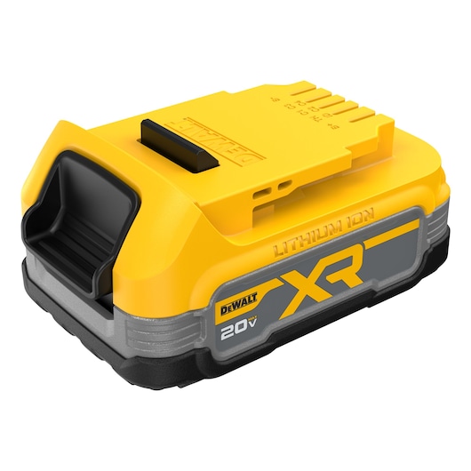 A DEWALT XR 20V lithium-ion battery with a yellow and black casing, designed for use with DEWALT power tools.