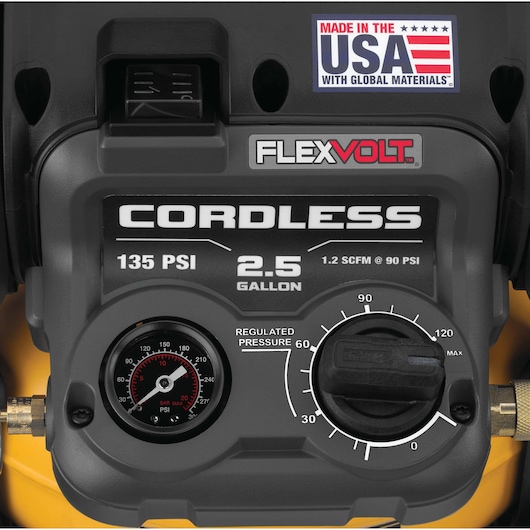 Close up of pressure gauge and OneTurn™ Regulator feature of  FLEXVOLT® 2.5 GALLON CORDLESS AIR COMPRESSOR