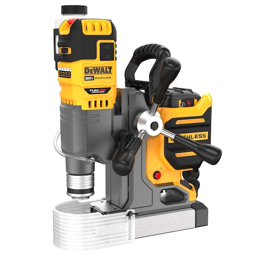 A DEWALT cordless magnetic drill press, model DCD1623N-KR, with a yellow and black design and three black handles, intended for precise drilling in metal surfaces.