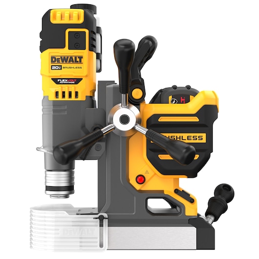 DEWALT DCD1623N-KR yellow and black cordless magnetic drill press with multiple handles and control knobs, designed for industrial use.