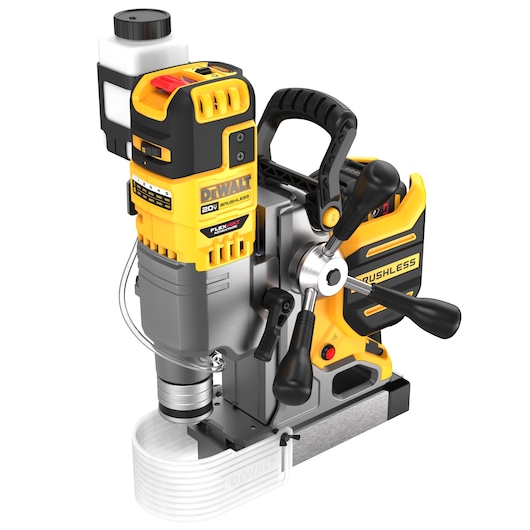 A DEWALT 20V brushless magnetic drill press with a yellow and black color scheme, three black control handles, a top-mounted liquid container, and a sturdy metal base.