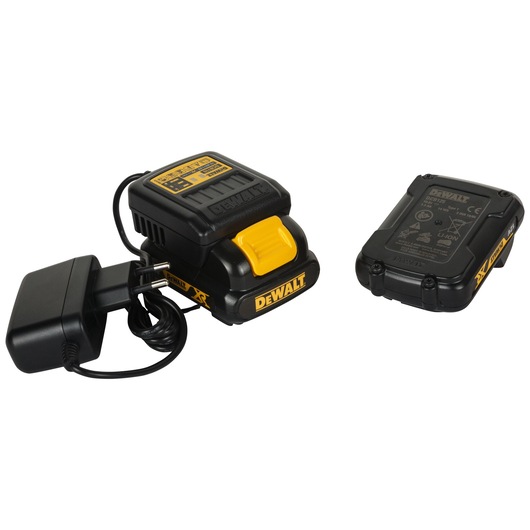 A DeWalt branded battery charger and rechargeable battery pack, shown with a power adapter and cable. The charger and battery are black with yellow accents and labels.