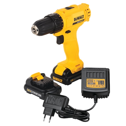 A DEWALT 12V cordless power drill set, shown with a yellow and black drill, two lithium-ion batteries, and a battery charger.