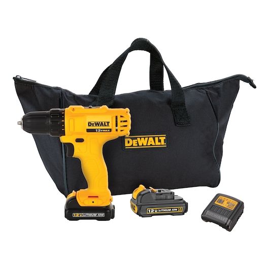 A DeWalt cordless power drill kit including a yellow and black 12V MAX drill, two lithium-ion batteries, a charger, and a black carrying bag with DeWalt branding.