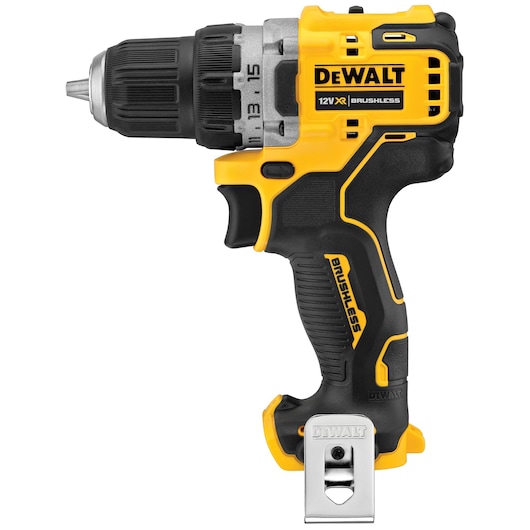 A DEWALT 12V XR brushless cordless drill driver, model DCD701N-XJ, with a yellow and black design. The tool features a metal belt clip and ergonomic grip.