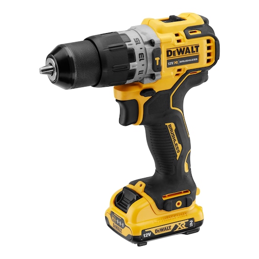A yellow and black DEWALT cordless drill, model DCD706D2, featuring a 12V brushless motor and ergonomic grip.