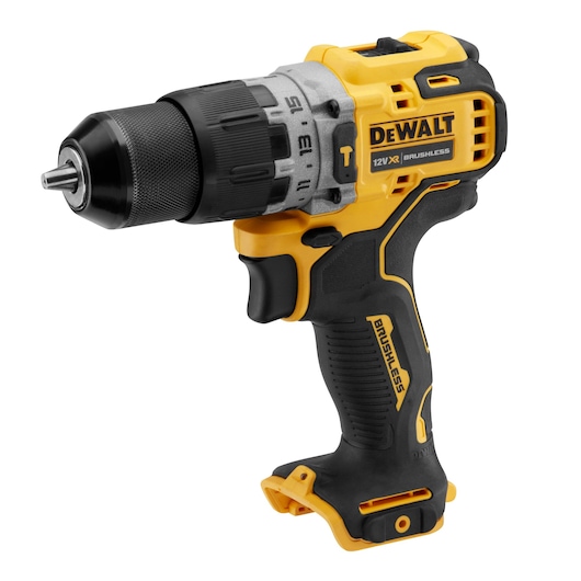 A DEWALT cordless brushless drill, model DCD706N, shown in yellow and black with a comfortable grip and adjustable settings.