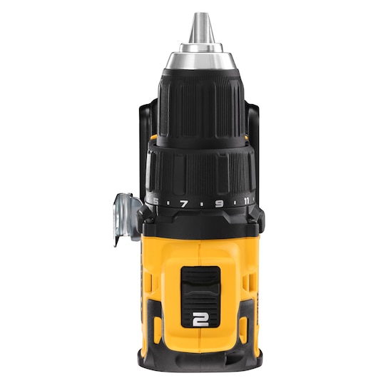 Front view of a DEWALT cordless power drill with a yellow and black body, showing the adjustable torque settings and a metal drill chuck.