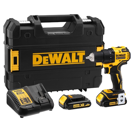 A DEWALT cordless drill kit including a black and yellow drill, two rechargeable batteries, a battery charger, and a sturdy black carrying case with the DEWALT logo.