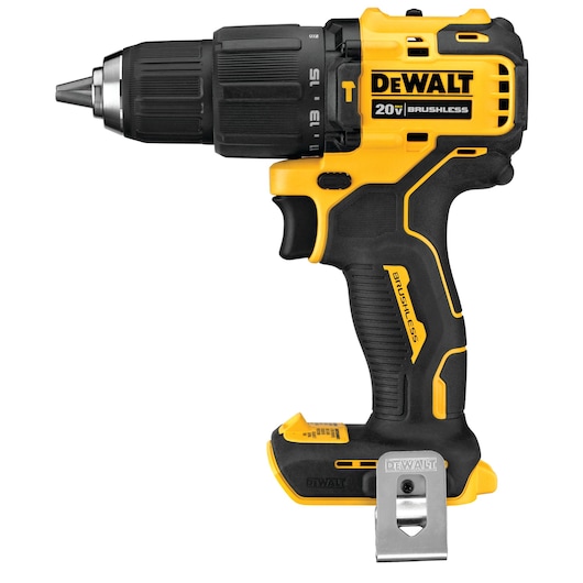 A close-up image of a DEWALT 20V brushless cordless drill, showing its ergonomic black and yellow design, metal belt clip, and drill chuck.