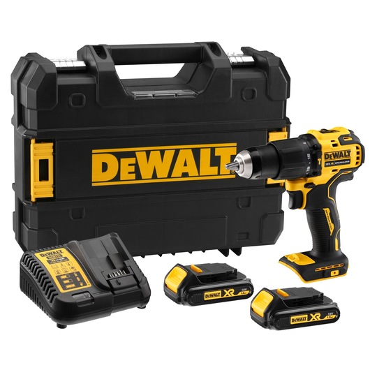 DEWALT cordless drill kit including a black and yellow drill, carrying case, battery charger, and two rechargeable batteries.