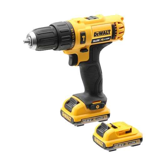 A yellow and black DEWALT cordless drill with a detachable battery pack, displayed alongside an additional battery.