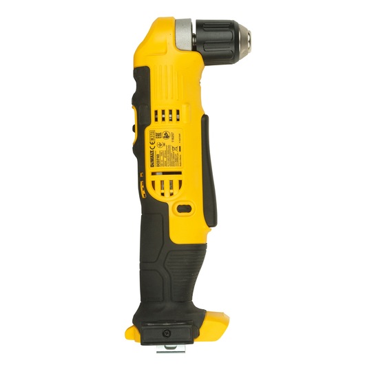 Side view of a DEWALT DCD740NT cordless right angle drill, featuring a yellow and black ergonomic handle and a keyless chuck.