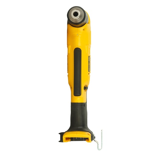 Front view of a DEWALT DCD740NT cordless right angle drill, featuring a yellow and black body and a metal chuck, against a white background.