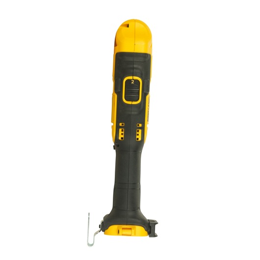 A DEWALT cordless power tool, shown from the front, featuring a yellow and black design and a curved handle.