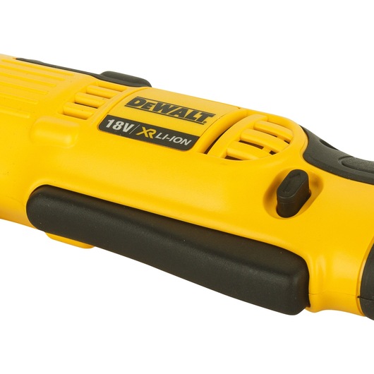 Close-up of a yellow DEWALT 18V XR Li-Ion cordless tool body, showing its branding and part of its grip.