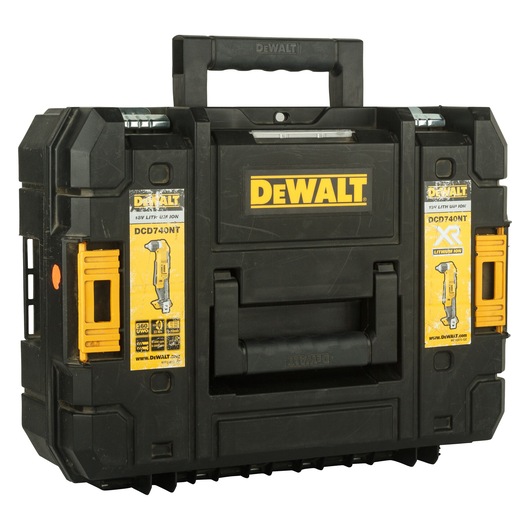 A black DEWALT carrying case for power tools, featuring the yellow DEWALT logo. The case displays product details and an illustration of the DEWALT DCD740NT model on its sides, with sturdy latches and a central handle for easy transport.