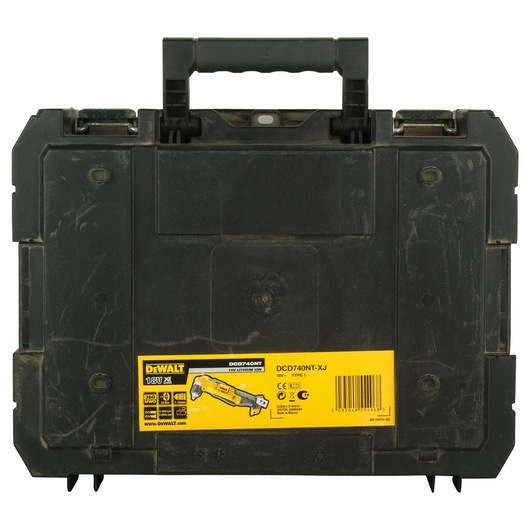 A rugged black DEWALT plastic tool case with a carrying handle. The case features a yellow label indicating the model DCD740NT-XJ, with an illustration of a cordless drill and product details.