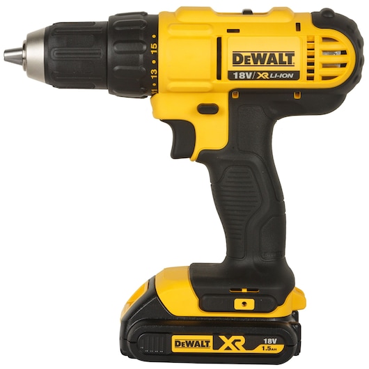 A yellow and black DEWALT cordless drill with 18V XR Li-Ion battery, shown in a side view.