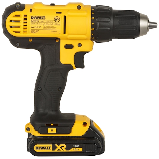 A yellow and black DEWALT cordless power drill, model DCD771S2, with an 18V XR battery attached.
