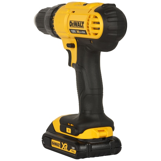 A DEWALT branded cordless drill with a yellow and black design, featuring an 18V XR Li-Ion battery at the base.