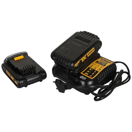A DEWALT 18V XR battery and charger set, shown on a white background. The battery is separate from the charger, which has a power cord and labeled instructions on the surface.