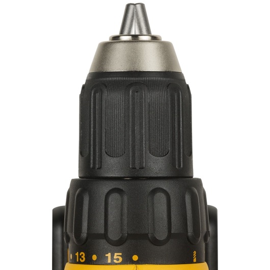 Close-up view of the chuck and torque adjustment ring of a DEWALT cordless drill.