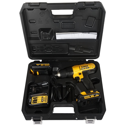 A DEWALT cordless drill kit (model DCD771S2) displayed in a black carrying case. The kit includes a yellow and black cordless drill, two battery packs, a charger, and a ruler.