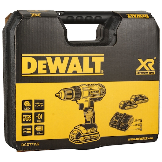 A DEWALT branded carrying case for a cordless drill set, showing an illustration of the drill, two batteries, and a charger. The packaging highlights features such as LED light, speed ranges, 300 UWO power, 42 Nm torque, and compatibility with different battery voltages. Model is DCD771S2 with XR lithium ion technology.
