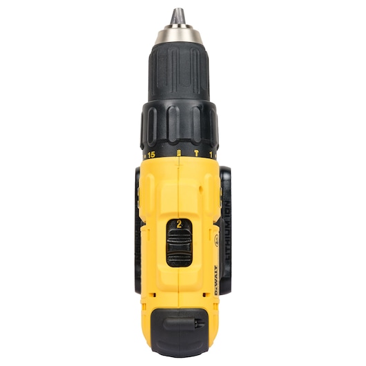 Front view of a yellow and black DEWALT cordless drill with a variable speed dial and a keyless chuck.