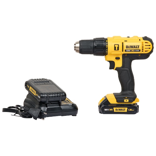A DEWALT cordless power drill with an 18V lithium-ion battery, shown alongside its battery charger. The drill and charger are black and yellow.