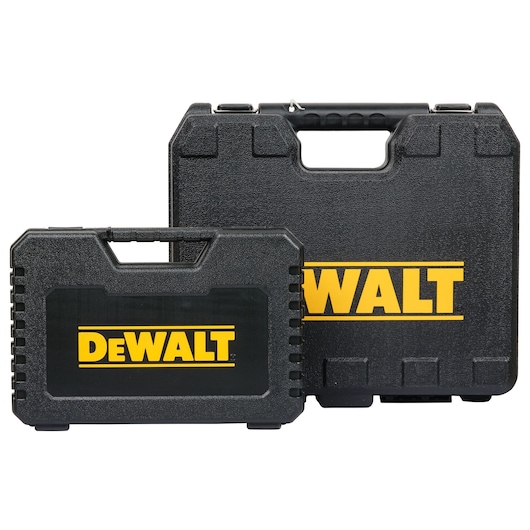 Two black hard plastic carrying cases with yellow DEWALT logos, one large and one smaller, designed for tool storage and transport.