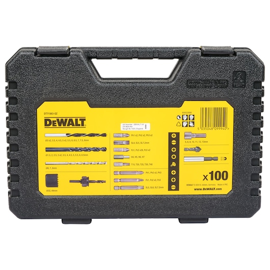 A DEWALT-branded black hard plastic case with a yellow label on the front, showing drill bits and screwdriver accessories. The label lists various sizes and types of bits included in the 100-piece accessory set, with product information and barcode.