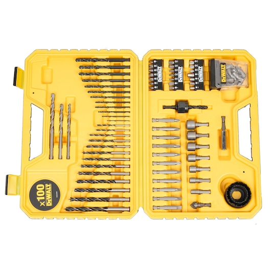 Yellow DEWALT tool kit case containing a variety of drill bits, screwdriver bits, nut drivers, drill accessories, and a measuring tape, neatly organized in molded compartments.