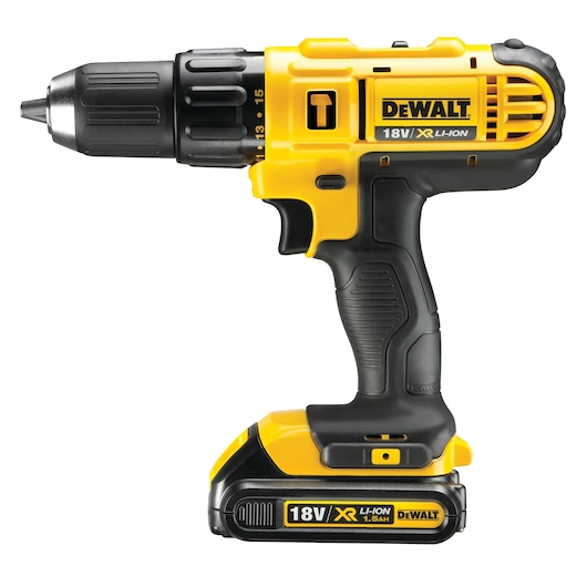 A DEWALT cordless 18V XR Li-Ion power drill with a yellow and black design. The drill has a comfortable grip handle, adjustable torque settings, and a rechargeable battery attached at the bottom.