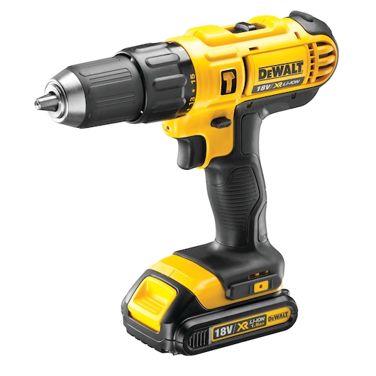A yellow and black DEWALT 18V XR Li-Ion cordless power drill with a keyless chuck and ergonomic handle.
