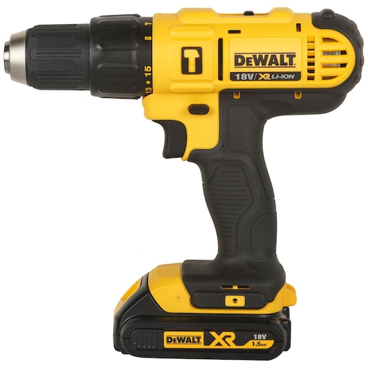 A yellow and black cordless power drill branded DEWALT with an 18V XR Li-Ion battery.