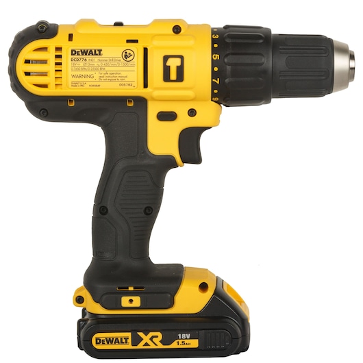 A yellow and black DEWALT cordless drill model DCD776S2 with XR 18V 1.5Ah battery, shown in side view.