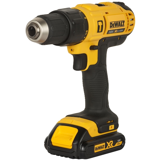 A yellow and black DEWALT cordless drill, model DCD776S2, with an 18V XR Li-Ion battery attached, designed for use in construction or home improvement.