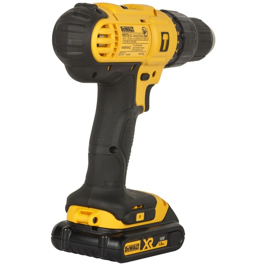 A DEWALT cordless electric drill with a yellow and black body, model DCD776S2, featuring an 18V XR lithium-ion battery, shown standing upright.