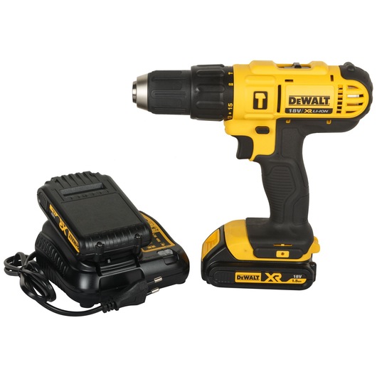 A DEWALT cordless drill set, including an 18V yellow and black drill, a battery pack attached to the drill, and a separate battery charger.
