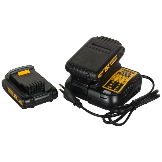 A DEWALT battery charger with a plug and cable, next to a rechargeable DEWALT XR lithium-ion battery pack. The charger features a yellow label with instructions and indicators.