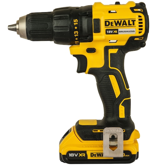 A yellow and black DEWALT 18V XR cordless drill, featuring a brushless motor and ergonomic handle, with visible brand logos and drill settings.