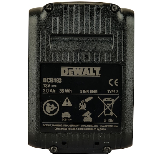 Close-up image of a black DEWALT DCB183 lithium-ion battery for power tools. The battery features the DEWALT logo, technical specifications including 18V, 2.0Ah, and 36Wh, and several warning and recycling symbols printed on its surface.