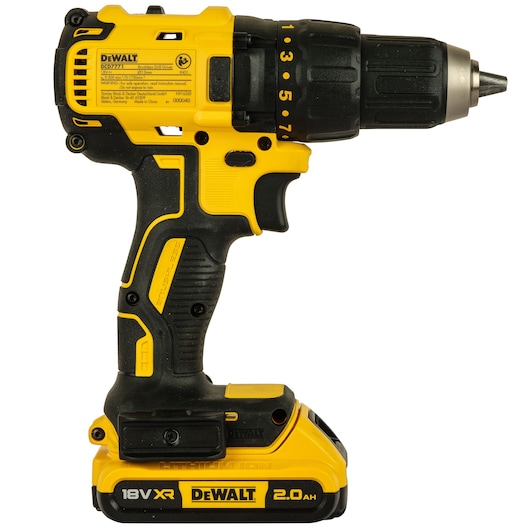 A DEWALT DCD7771D2 18V XR cordless drill driver with a yellow and black ergonomic design, featured with a 2.0Ah lithium ion battery. The drill has a labeled torque adjustment collar and trigger, suitable for professional and DIY use.