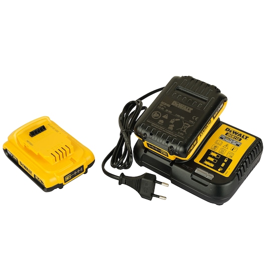 A DEWALT battery charger and battery set for power tools. The charger is black and yellow, with a plug and cable attached. The battery is yellow and black, positioned separately beside the charger.
