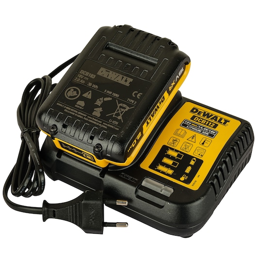 A DEWALT battery charger and a DEWALT 18V lithium-ion battery pack with a European plug. The charger has clear yellow and black labeling with instructions and specifications visible.